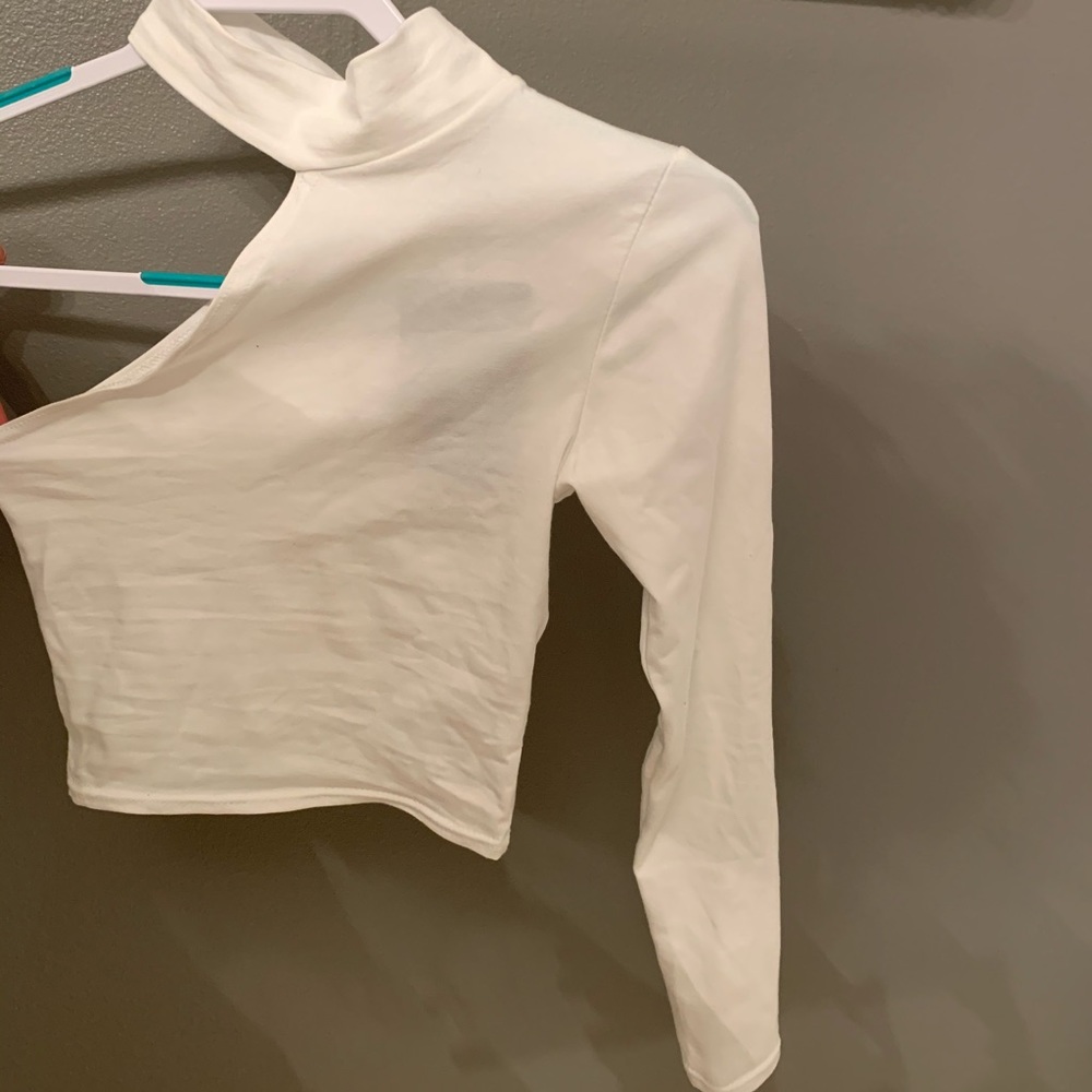 White One Sleeve Mock Neck Top